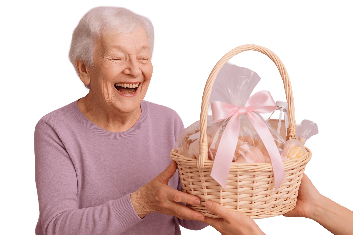 Elderly woman joyfully receiving a Sweet Basket